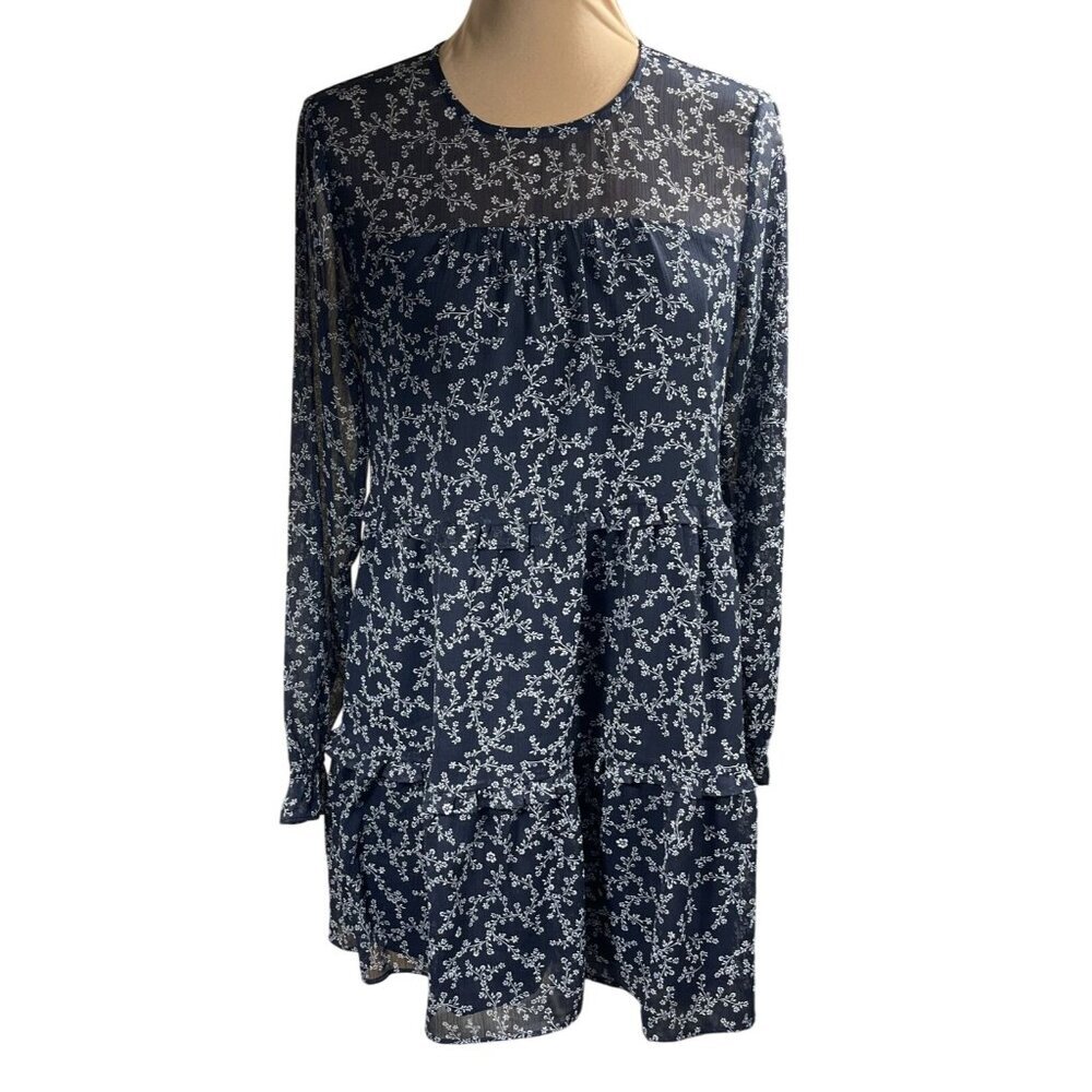 Loft Tiered Dress Navy White Floral Tunic Mini Size XS Extra Small Long Sleeve
